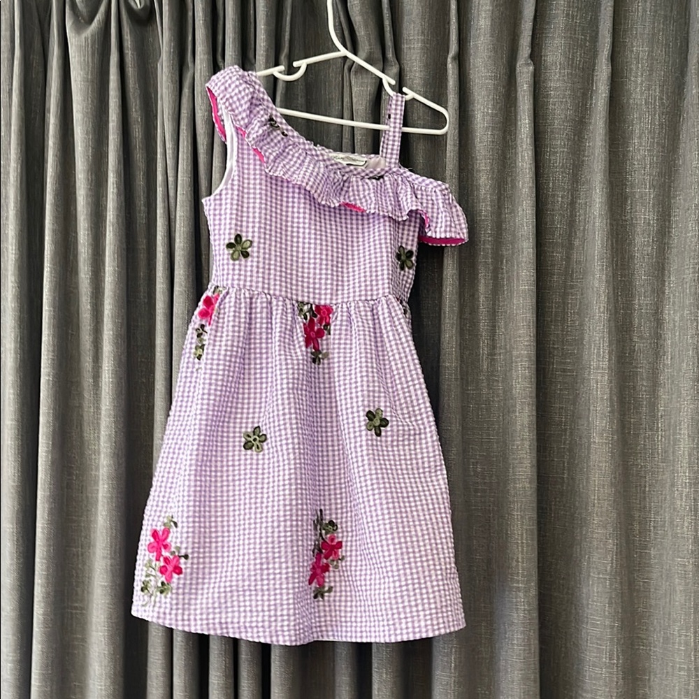 Purple Gingham Kids Dress with Floral Embroidery